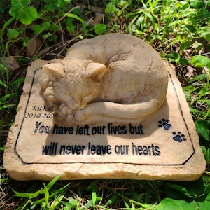 Cat Memorial Stones Cat Grave Markers with A Sleeping Cat Statue On The Top, Cat Garden Stones Cemetery Stones, 8.5" × 7" × 3"
