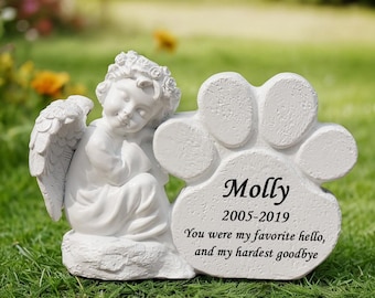 Personalized Pet Memorial Stones for Dogs, Paw Print Stone with Angel Statue For Dog Loss Garden Stone Grave Marker