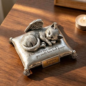 Pode incluir: Uma estatueta memorial de metal prateado de um gato a dormir com asas de anjo sobre uma almofada quadrada. A almofada está gravada com o texto If love could have saved you, you would have lived forever e uma placa Pumpkin 2009-2023.