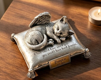 Custom Pet Urns for Cat Ashes, Personalized Cat Ashex Box Engraved with Name, Angel Cat Sleeping On Pillow Memorial Statue