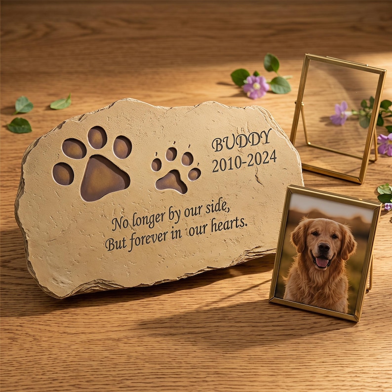 May include: A tan stone pet memorial marker featuring two engraved paw prints, the name BUDDY, the years 2010-2024, and the text No longer by our side, But forever in our hearts, accompanied by two gold-toned metal picture frames.