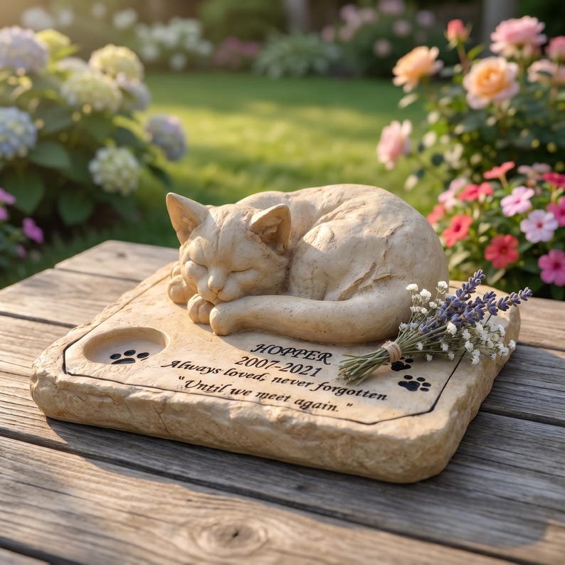 May include: A beige stone memorial marker featuring a sculpted sleeping cat. The plaque is engraved with the text HOPPER 2007-2021, Always loved, never forgotten, Until we meet again, and includes a small circular indentation and paw prints.