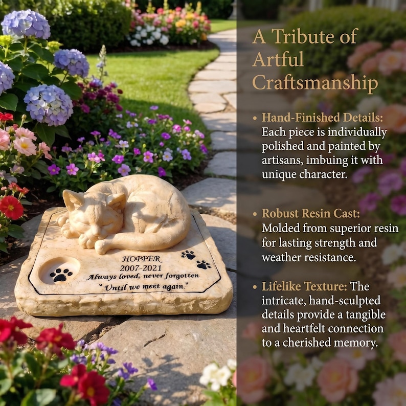 May include: A tan resin pet memorial stone featuring a sleeping cat sculpture on a rectangular base. The stone is engraved with the text: HOPPER, 2007-2021, Always loved, never forgotten, Until we meet again, and includes two small paw print icons.