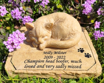 Cat Memorial Stones Grave Markers with A Sleeping Cat Statue, Cat Garden Stones Loss Headstones Grave Stones Engraved with Cat's Name