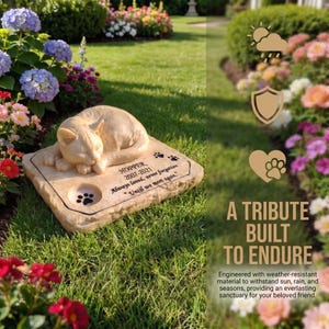 Cat Memorial Stones Grave Markers with A Sleeping Cat Statue, Cat Garden Stones Loss Headstones Grave Stones Engraved with Cat's Name image 4