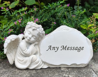 Memorial Garden Stones Cemetery Decorations with Angel Statue, Personalized Remembrance Stones Grave Markers Memorial Plaques Grave Stones