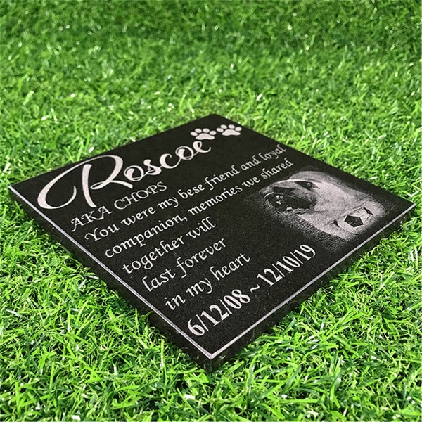 Black Granite Pet Dog Memorial Stones Engraved with Pet's Photo Name Dates and Quote, Sympathy Pet Dog Grave Markers Headstones Tombstones