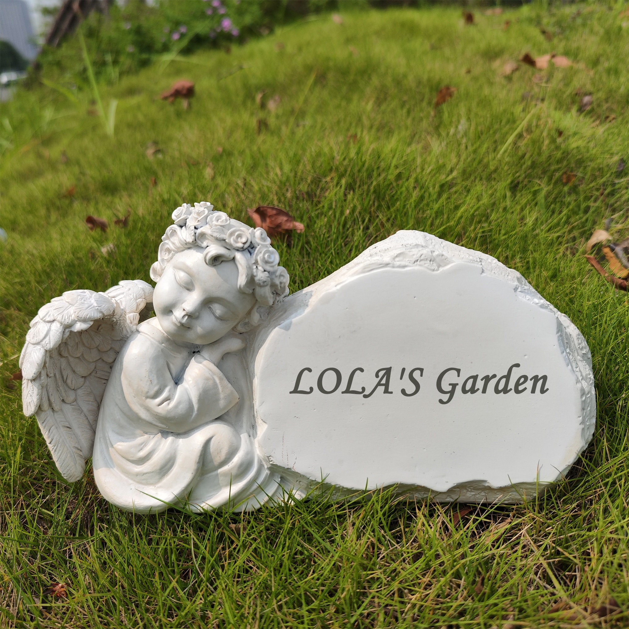 Pietra Commemorativa Da Giardino Con Angelo E Messaggio Personalizzato – Incisa Al Laser, Resina Dipinta A Mano, 23x12x8 Cm, Per Cimitero O Giardino