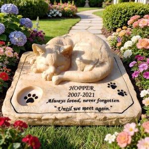 Cat Memorial Stones Grave Markers with A Sleeping Cat Statue, Cat Garden Stones Loss Headstones Grave Stones Engraved with Cat's Name image 2