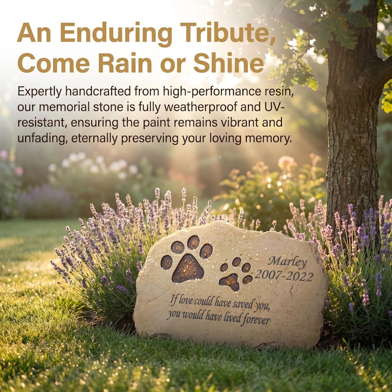 May include: A tan resin memorial stone featuring two engraved paw prints, the name Marley, the years 2007-2022, and the text: If love could have saved you, you would have lived forever. The stone is positioned in a garden setting near lavender plants.