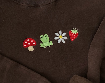 Mushroom Frog Flower & Strawberry Embroidered Sweatshirt