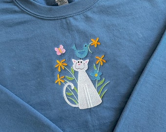 Cat & Blue Bird Embroidered Sweatshirt