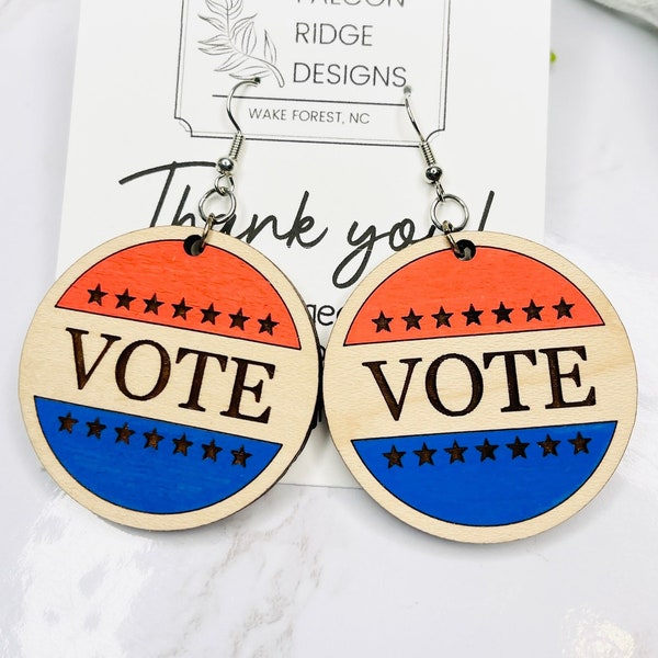 Vote Earrings, Election 2024 Political Gifts, Wood Earrings Handmade, Democracy Defender Patriotic Earrings, Red and Blue USA Earrings, Best