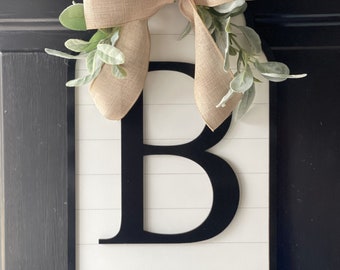 Farmhouse Shiplap Monogram Door Hanger, Black and White Monogram Decor