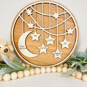 Wood Stars and Moon Baby Announcement Sign, Personalized Birth Stat Baby Sign, New Baby Gift, Baby Shower Gift, New Mom Mother&#39;s Day Gift