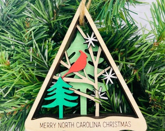 North Carolina Cardinal Christmas Ornament, Merry NC Christmas, Bird Watcher Ornament,  North Carolina Ornament, NC Wood Art, NC Welcome Bag