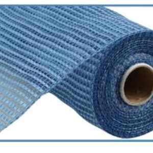 May include: A roll of blue mesh fabric. The fabric has a grid-like pattern and is rolled around a cardboard core. The color transitions from light to dark blue.