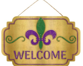 12.5"L x 8"H Welcome Fleur De Lis Mardi Gras Sign
