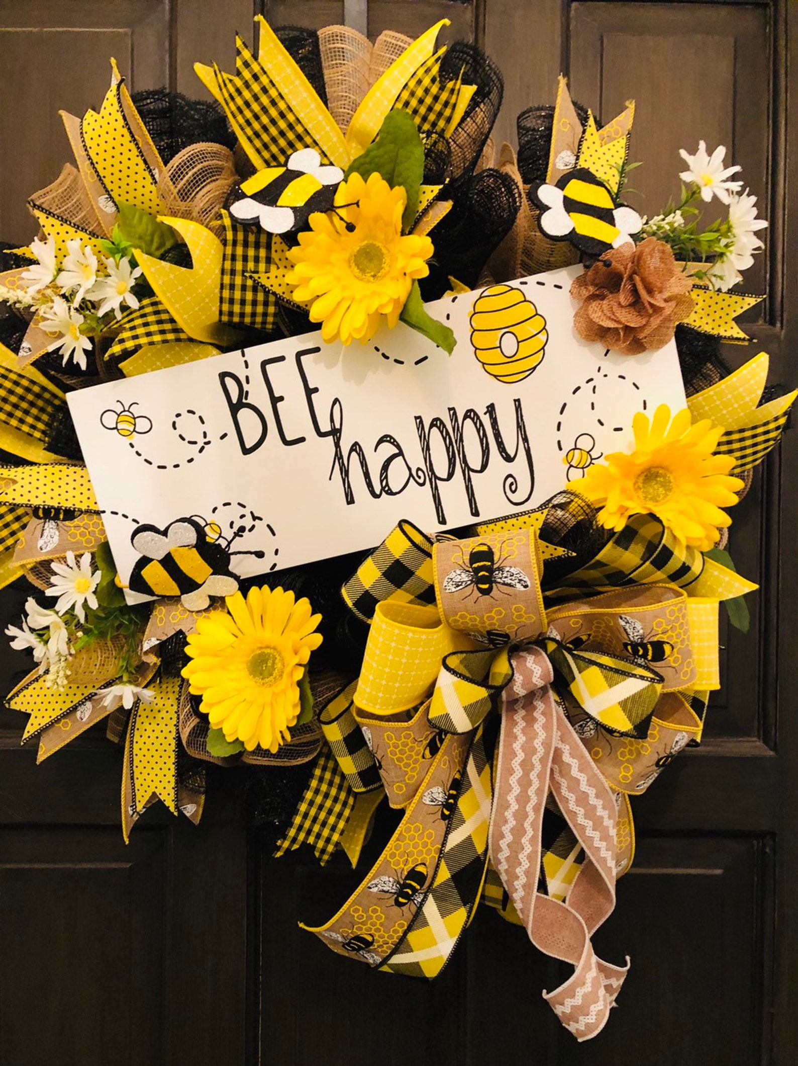 Bee Happy Wreath Bumblebee Wreath Bee Wreath Bee Door Etsy