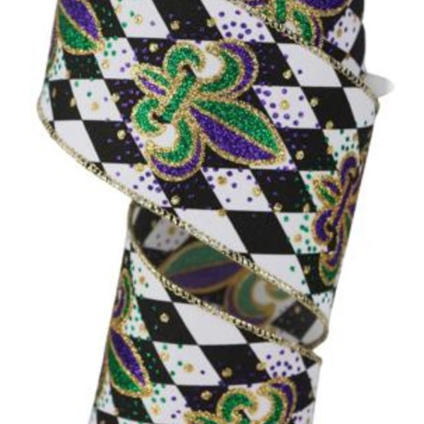 2.5" x 10 yds Fleur de Lis Harlequin Mardi Gras Glittered Ribbon