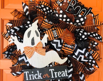 Halloween Ghost Boo Trick or Treating Deco Mesh Wreath