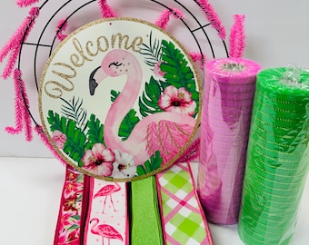Zomerse flamingo-doe-het-zelfkransset, flamingodecoratie, dagelijkse welkomst-doe-het-zelfkransset