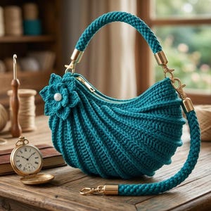 May include: A crescent-shaped teal crochet handbag featuring a textured ribbed pattern, a single braided handle with gold-tone hardware, and a decorative crochet flower accent with a central white bead attached to the side of the bag.