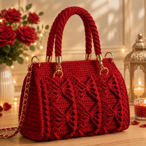 May include: A deep red crochet handbag featuring a textured geometric pattern on the front, two thick braided top handles, and a gold-toned metal chain shoulder strap attached with gold hardware rings on the sides of the bag.