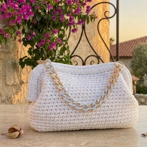 Può includere: Una borsa a mano in uncinetto bianco con chiusura a telaio strutturata e una spessa tracolla a catena con maglie metalliche alternate in tonalità argento e oro. La borsa presenta una superficie intrecciata testurizzata e una forma arrotondata.