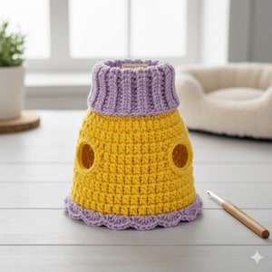 Pode incluir: Um suéter de estimação de crochê feito à mão em amarelo e lavanda. O suéter tem uma gola de lavanda canelada e uma bainha de lavanda com vieiras. Duas aberturas circulares são visíveis nas laterais. O texto "Handmade for Furry" está em uma pequena etiqueta.