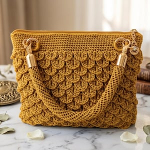 May include: A mustard yellow crochet handbag featuring a textured scale-like pattern throughout the body. The bag includes a top zipper closure and two gold-toned metal clasps that attach a matching crocheted handle to the sides of the bag.