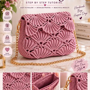 Puede incluir: Un bolso de ganchillo color rosa empolvado con correa de cadena dorada. El bolso presenta un patrón de puntos en forma de abanico en la solapa y el cuerpo. El texto incluye Crochet Shell Bag, PDF Pattern y AZVOS. El bolso tiene un forro interior.