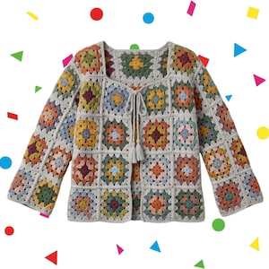 May include: A colorful, open-front crochet jacket featuring a square pattern design. The jacket showcases a variety of colors, including green, yellow, orange, and blue, with a gray border and tie closure. The sleeves are long and the overall style is bohemian.