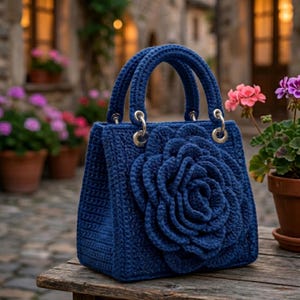 May include: A navy blue crochet handbag with a large, three-dimensional rose applique on the front. The bag has two rounded handles and silver-colored hardware. The bag is sitting on a wooden surface.