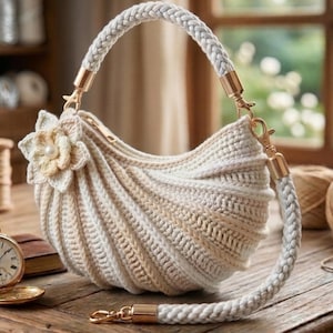 May include: A crescent-shaped off-white crochet handbag featuring a textured ribbed pattern, a single braided handle with gold-tone hardware, and a decorative crocheted flower accent with a central pearl bead attached to the side.