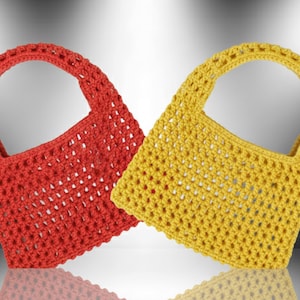 May include: Two handmade crochet tote bags. One is a vibrant red, the other a sunny yellow. Both bags have a rectangular body with a rounded handle. The open weave design gives them a light and airy look, perfect for carrying items.