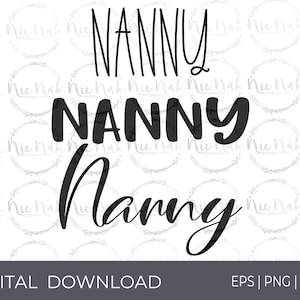 Pode incluir: Design gráfico de texto preto e branco com a palavra "NANNY" repetida três vezes em diferentes estilos de fonte. O texto está sobre um fundo branco. O texto diz "NANNY NANNY Nanny".
