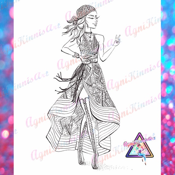 Boho Girl Coloring Page Fashion Illustration Coloring Page For Adult Coachella Style Diy Poster Coloring Digital For Kids Wall Art