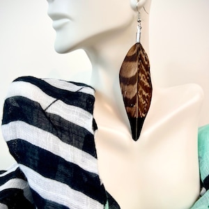 Ink Dipped Feather Earrings in Pheasant