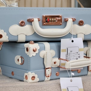 May include: Two light blue vintage-style suitcases with white accents and rose gold hardware. The top suitcase has a combination lock. The bottom suitcase has a tag that reads "Boutique Daisy Field".