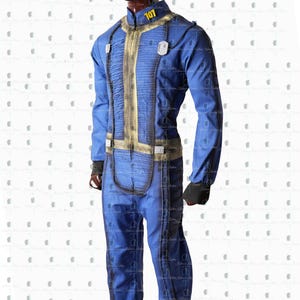 May include: Blue jumpsuit with gold accents, featuring the number "101" on the collar. The costume has a zip-up front, multiple pockets, and a belt detail. The sleeves are long, and the gloves are black. This cosplay outfit is displayed on a mannequin.