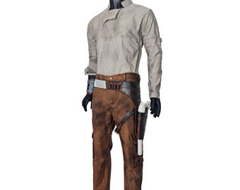 May include: A costume set featuring a light gray long-sleeved shirt with a unique collar design, brown pants with cargo pockets, and a utility belt. The outfit includes a holster with a white prop gun and a wrist device. The costume is displayed on a mannequin.
