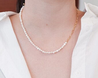 4mm Süßwasserperlen mit Edelstahl Kette Halskette • Perle und Kette Halskette • Chirurgenstahl Kette • Echte Perlen Halskette