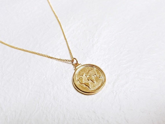 ASHLEY world map 24k gold plated necklace gold medallion | Etsy