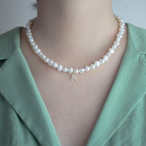 7mm freshwater pearl necklace with pave charm • Gold plated silver • Cubic charms • Letter charms • Initial charms • Gift for her