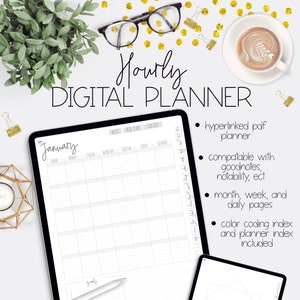 May include: A digital planner on a tablet with a white background. The planner is open to the January page and has a hourly schedule. The planner is compatible with Goodnotes, Notability, and other note-taking apps. The planner includes a color coding index and planner index.