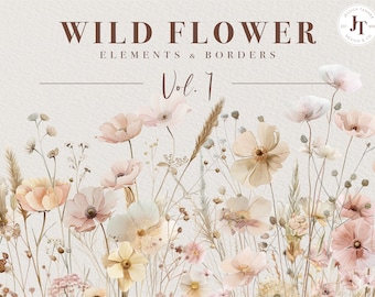 Wild Flowers, Wild Flower Clipart, Premade Floral Borders, Watercolor Flower Clipart, Floral Bouquets, Wild Floral Clipart, Premade Clipart