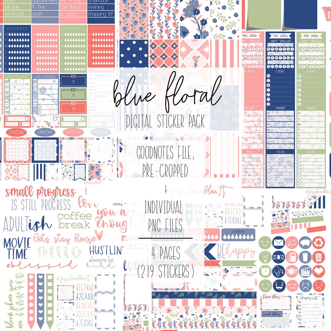Blue Floral Digital Sticker Pack | Planner Stickers | Flower Stickers ...