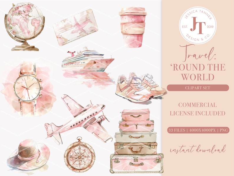 Peut inclure: Un ensemble de clipart aquarelle sur le th&egrave;me du voyage. L'ensemble comprend un globe terrestre, un bateau de croisi&egrave;re, un avion, une boussole, une montre, une tasse &agrave; caf&eacute;, une paire de baskets, un chapeau et des bagages. Les couleurs sont le rose, le brun et le blanc.