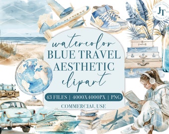 Blue Watercolor Travel Aesthetic Clipart, Girly Travel Around the World, Summer Clipart, Vacation Clipart Planner Personal Commercial Use